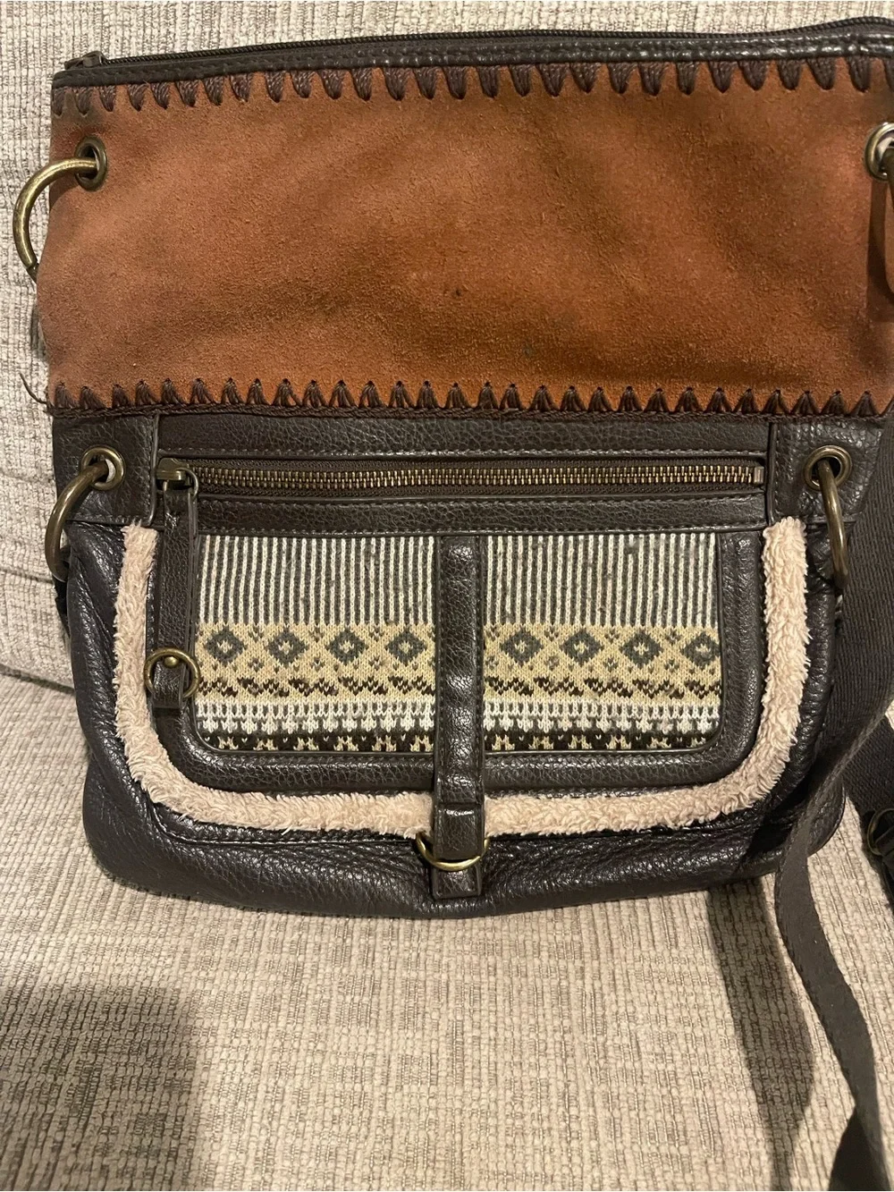 The Sak Leather Boho Crossbody Bag Brown Woven Southwestern